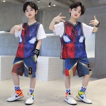 Himty 소년 정장 2022 여름 새로운 중형 어린이 스포츠 통기성 스파이더 맨 조끼 짧은 소매 농구 슈트