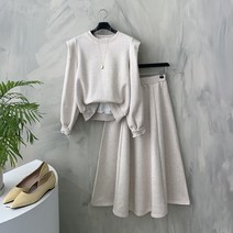 행복여[신상무배]캘리 퍼프 기모 맨투맨 절개 플레어 스커트 세트