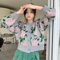 포린박스 복고풍 캐주얼 꽃무늬 봄 아우터 니트 가디건 SH