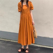 잇츠스타일 스퀘어넥 오렌지 롱원피스 제주도룩 여행룩 소녀원피스