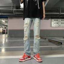 여름 국조 고가 찢어진 청바지 남자 ins 디자인 감각 낡은 스트레이트 유행 브랜드 깡패 잘생김 bf 길거리 긴 바지