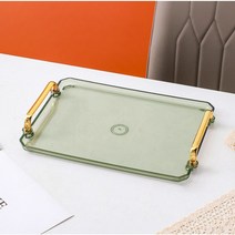 투명 아크릴 사각 원형 트레이 손잡이 쟁반 홈카페 인테리어소품, 사각 트레이, 그린-대형