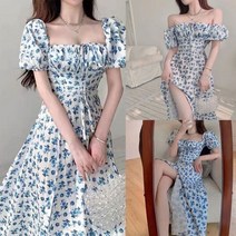 우아한 플로랄 프린트 주름 장식 퍼프 슬리브 스플릿 a라인 미디 드레스 여성용 엠파이어 웨이스트 롱 드레스