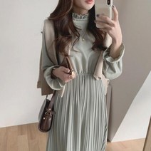 4월결혼식하객룩 예복원피스 상견례옷차림 여성 드레스 빈티지 플레어 슬리브 높은 칼라 쉬폰 우아한 라인 탄성 허리