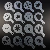 커피 스탠실 라떼아트 라떼 틀 무늬 도안 라떼아트만들기 장식 Fypo 스테인레스 스틸 초콜릿 설탕 셰이커 커피 더 스터 코코아 파우더 계피 더 스팅 탱크 주방 필터 요리 도구, 16 pcs 금형