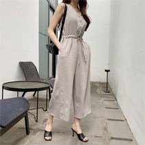 여자 포인트 허리 스트링 브이넥 단추 와이드 점프수트