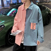 남성 반반 히트 컬러 긴팔 홍콩 패션 캐주얼 데일리 셔츠