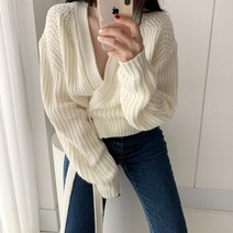 여성용 리본랩스트링 브이넥 니트가디건 하늘비즈 C11 G294A367