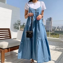 하이데일리 어깨끈 청 캉캉 데님 뷔스티에 롱원피스
