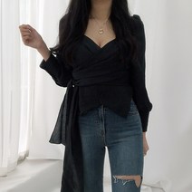 브이와이 여자 스트랩 단추 퍼프 소매 블라우스