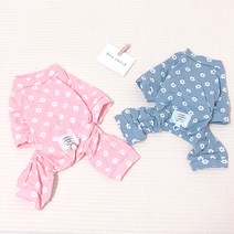 강아지옷 꽃패턴 올인원 잠옷 실내복, 블루
