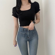 VANANA2 여성 스퀘어넥 슬림 퍼프소매 프릴 크롭 반팔티