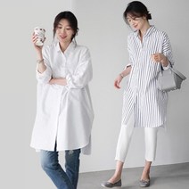 [뽀뽀&해피] 여성 루즈핏 롱 셔츠 빅사이즈 스트라이프/화이트 롱 남방 셔츠