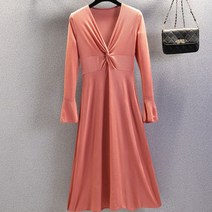 스파티오르 여성 긴팔 롱원피스 봄 가을 긴소매 스판 골지 쿨 원피스 날씬 브인넥 슬림 찰랑찰랑 원피스 실내복