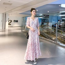 쉬폰 허리 스트링 롱원피스 봄 프렌치 플라워 원피스 브이넥 꽃잎 소매 조임 슬림 쇼트