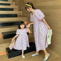 모녀 원피스 시밀러 엄마딸 맘 커플 룩 여름 가족 어머니와 딸 숏 소매 꽃 드레스 옷 새 달콤한 의류 하는 의상