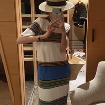 레트로 스트라이프 여성 반팔 니트 롱 원피스 차정원 손예진 패션 스타일