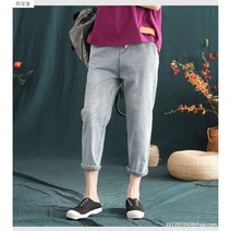 라오농 LAONONG 여름 문예자수 면탄 연색 밴딩 8부 데님 팬츠HNJIKUI