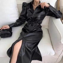 려매 카라넥 싱글 버튼 원피스 벨트 허리보정 트임 벌룬소매 PU 가죽 차량 롱 여성