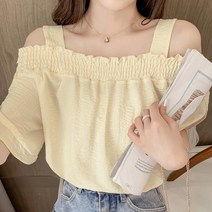 스모크 밴딩 넥라인 오프숄더 블라우스 여성 셔츠