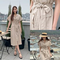 퍼니걸스 6411 데일리 코튼 셔츠 단추 스트랩 반팔 롱 원피스 여성의류