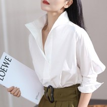 풍기인견블라우스 아사면 썰스데이아일랜드 시어서커 자켓형 아사 아일렛 허리밴딩 2022 새로운 용 탑 캐주얼 화이트 턴 다운 칼라 ol 스타일 34 소매 셔츠 면화 하라주쿠 셔츠
