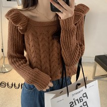 상의 와이드 슬랙스 팬츠 코디 소프트스타일 극 보기좋은 스퀘어넥 페블럼라인 숏 특이한 카색 니트 스웨터 2850137441