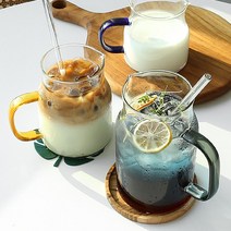 내열 칼라 손잡이 저그 유리컵, 블루 400ml, 1개