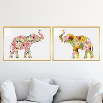 아트블루 부자되는 꽃 패턴 코끼리 동물 그림 풍수 인테리어 액자, 1번 장미코끼리+2번 해바라기코끼리_2개 세트