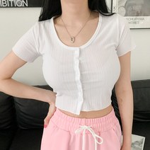 여자 심플 열리여리 슬림핏 크롭 가디건 버튼 반팔티
