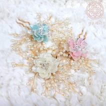 [라온제나 웨딩] 만개 진주 꽃 비녀 혼주 한복 헤어장식 업스타일 올림머리 비녀 코사지