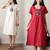 Happy Shopping 롱 린넨 원피스2018 실사 여름 복고풍 자수 버클 코튼 린넨 반소매 긴 드레스