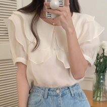 보드미 러블리블라우스 여자 크림색 러블리한 블라우스 이중카라 물결 디자인