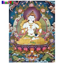 탱화 티벳 천주 석가모니 경면주사 thangka 표구사 탱화 불화 달마도 참선 불교미술 tibetan 여신 buddhist 전체 드릴 diy 다이아몬드 페인팅 크로스 벽 6, 라운드 90x120cm