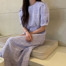 가을 데이트 트위드원피스 돌잔치 하객룩 상견례 추석 미니 드레스 원피스 한국의 세련된 여름 우아한 둥근 목 주름 허리 포옹 슬리밍 퍼프 슬리브 체크 무늬 트위드