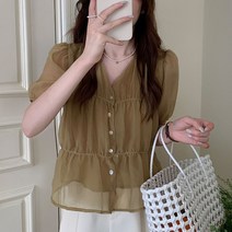 주름 쉬폰 브이넥 여름 블라우스 하늘비즈 C31 S155Y674