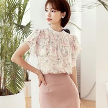 시크라인 러플 드레이프 튤립소매 플로랄 블라우스