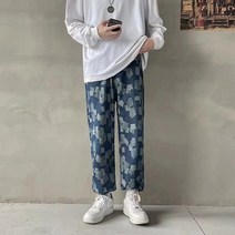 남성용 레트로 체크무늬 진 스트레이트 타이드 타이트 스키니 팬츠
