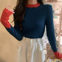 [랜덤플레이] 데일리룩 소매 배색 워머 포인트 골지 니트