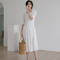 다온 라운드 넥 주름 여름 봄 반팔 면 화이트 원피스 하객룩 러블리코디