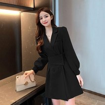 Momolatti 여성용 긴 소매 브이넥정장 버튼 미니 원피스