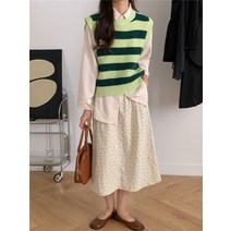 가을 니트 스트라이프 조끼 여 나시 브이넥 스웨터 겉옷 학원풍 나시