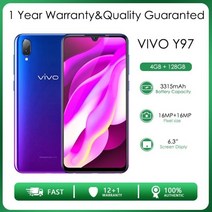 VIVO Y97 리퍼브-오리지널 언락 듀얼 Sim 카드 128GB ROM 4GB RAM 6.3 인치 16MP 3315mAh 저렴한 휴대폰 스마트폰, Black, 블랙