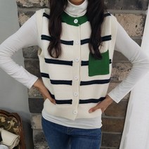 상상그이상 여성용 엠보줄 조끼 가디건 단정한 라운드넥 고급원단 포인트 좋은 비비드 스트라이프 패턴 배색 포켓 사이즈 좋은 오픈형 니트조끼 레이어드 바람막이 골프웨어 베스트