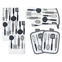 Franco Kitchen Designers 부드럽고 흡수력이 좋은 면 타월 냄비 홀더와 오븐 장갑 리넨 세트 5피스 해바라기 컨트리