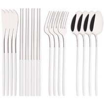캠핑수저 블랙 골드 젓가락 나이프 포크 스푼 스테인리스 스틸 한국 식기 개, 18.16Pcs White Silver