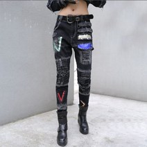 코튼 블랙 청바지 여성용 찢어진 워싱 주머니 스키니 데님 바지 페인팅 스팽글 연예인 청바지