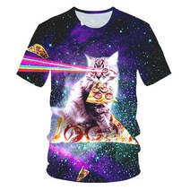 New Galaxy Space 3D T 셔츠 사랑스러운 새끼 고양이 먹는 타코 피자 웃긴 탑스 티 반팔 여름 대형 티셔츠, S, CBT-2442