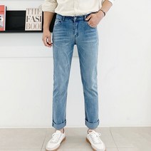 남성용 미친 스판 워싱 데님 팬츠 스트레이트 바지 트렌디 데일리 꾸안꾸룩