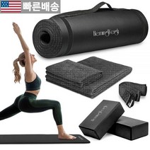 [HemingWeigh 정품] 두꺼운 요가 매트 홈 운동용 세트 1.3cm(1/2인치) 두께의 여성 남성용 폼 블록이 있는 미끄럼 방지 스트랩 극세사 타월 2개 초보자, Black